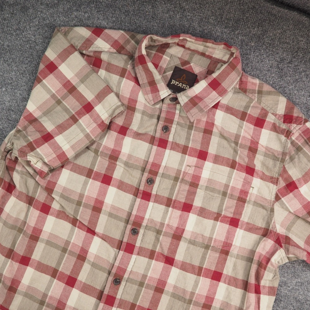 Prana Shirt Mens Large Red Tan Plaid Gorpcore Outdoor Hiking Casual Short Sleeve